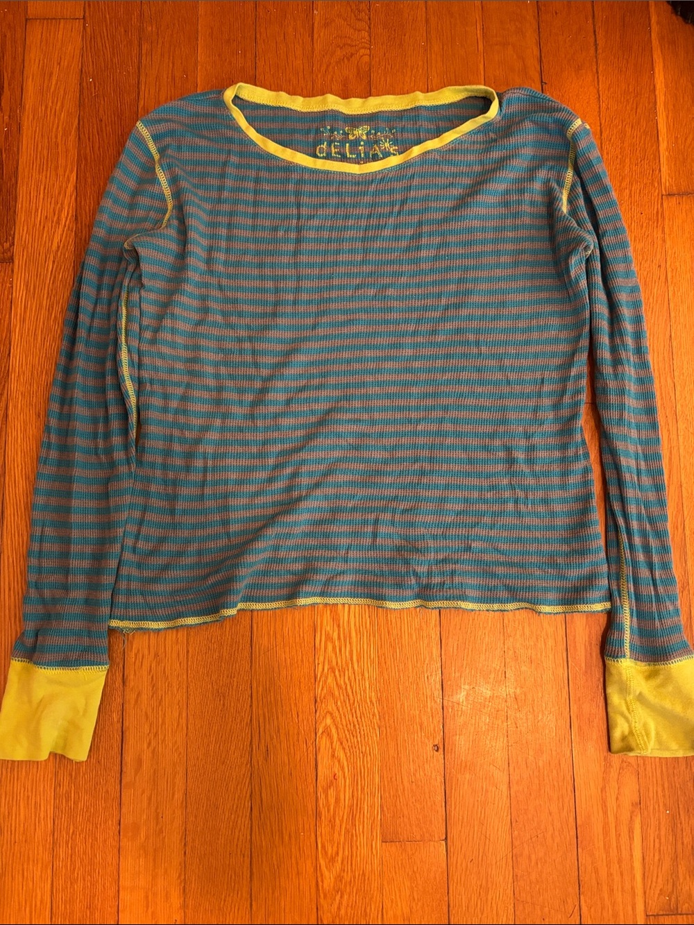 dELiA*s Teal and Yellow Striped Long Sleeve Tee